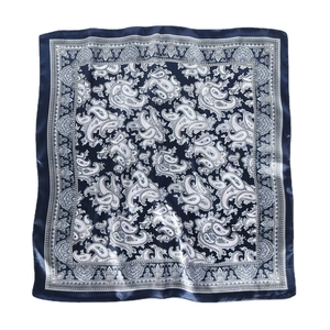 Elegant 60cm square satin silk scarf featuring a deep blue vintage paisley pattern