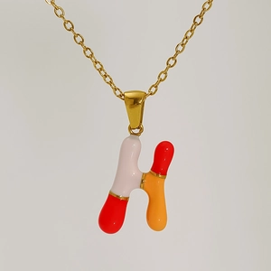 Colorful bubble style letter H pendant necklace with red white and orange enamel