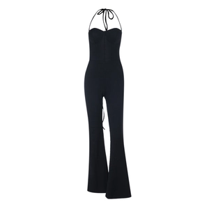 Elegant black halter neck jumpsuit with structured bust and wide flare leg design