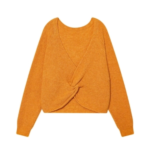 Women Knitted Sweater Long Sleeve Deep V Neck Twist Back Cropped Pullover Solid Color Acrylic Polyester Top