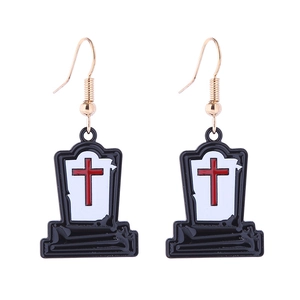 Gothic Halloween tombstone dangle earrings with red cross and enamel finish