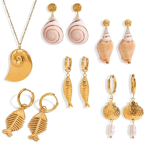 Ocean Marine Jewelry Stainless Steel Shell Artificial Pearl Fish Bone Seahorse Starfish Earrings Necklace Beach Vacation Women