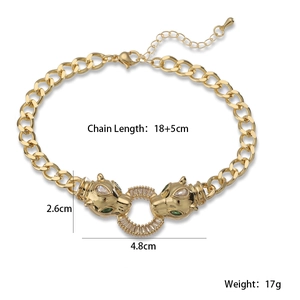 Detailed view of 18K gold-plated leopard head pendant necklace with size specifications