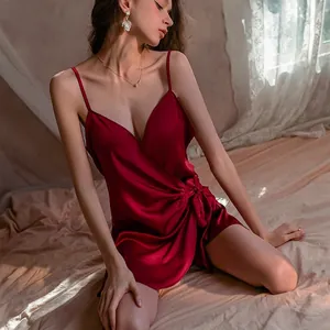Elegant red silk satin V-neck nightgown with side bow tie and cross wrap design