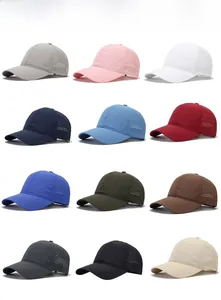 Close-up of lightweight quick-dry baseball caps with laser-cut side vents in 12 colors