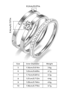 Size chart for titanium steel ring set showing diameters and zircon dimensions