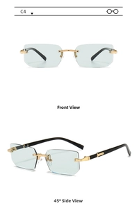 Detail of rimless polygon sunglasses with light teal lenses and gold metal nose bridge