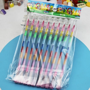 Macro shot of stackable building block crayons in transparent packaging for students