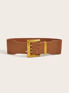 Vintage brown elastic wide waist belt for women with triple golden metal buckles