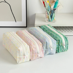 Large Capacity Pencil Case Woven Tweed Texture Colorful Striped Desktop Stationery Storage Bag For Students Office