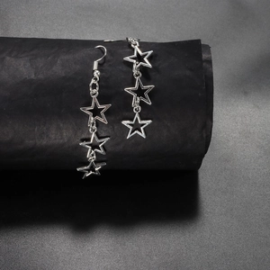 Minimalist silver star drop earrings with hollow pentagram link chain design