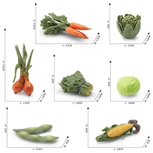 7-piece realistic vegetable miniature set with detailed size dimensions on white background