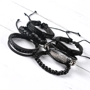Men's vintage layered black woven leather bracelet set with silver feather charm and beads