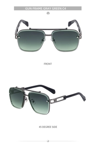 Front and side view of gunmetal square frame sunglasses with gray-green gradient lenses