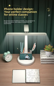 Dual arm LED desk lamp with built-in pen holder and phone stand for study desks