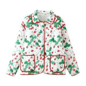 Women Strawberry Print Quilted Jacket Cotton Padded Warm Winter Coat With Pockets Vintage Lapel Outerwear