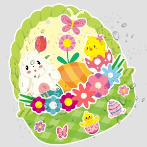 Waterproof Easter cartoon stickers showing rabbit and egg basket with water droplets detail