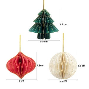 Mini paper honeycomb Christmas tree ornaments with gold trim and size details