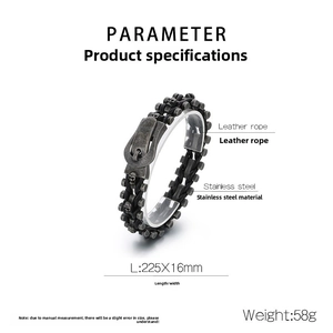 Macro detail showing technical parameters of the leather skull bracelet with dimensions