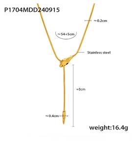Detail of Y-shaped gold stainless steel snake chain with sliding adjuster and long spike pendant