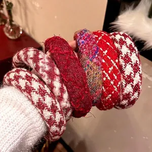 Thick red braided headband set for women with houndstooth and tweed fabric textures