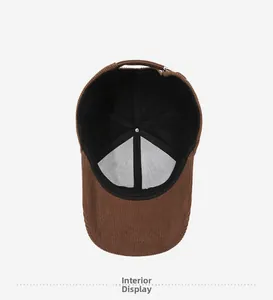 Internal view of brown corduroy baseball cap showing black lining and metal buckle