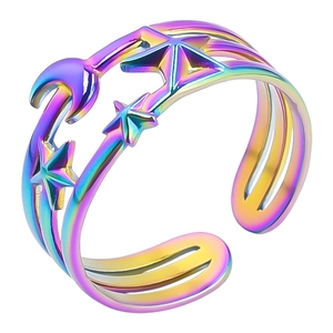 Detail of hollow star and moon design on rainbow plated stainless steel open ring