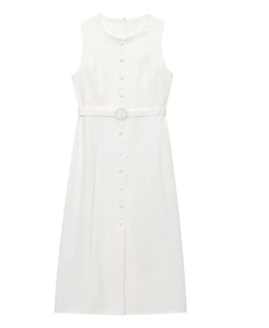 Detail of white sleeveless dress with matching buttons and cinched waist belt