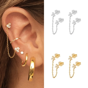 Zircon Flower Double Piercing Connector Chain Earrings Copper Real Gold Plated Vintage Elegant Jewelry For Women