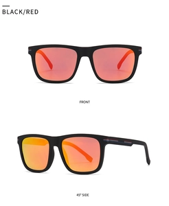 Detail of TR sports sunglasses with black matte frame and red mirrored lenses shown in two angles