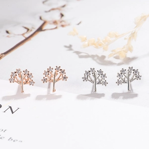 Tree Of Life Stud Earrings Copper Silver Rose Gold Plated Sparkling Cubic Zirconia Cute Dainty Jewelry For Women