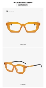 Front and 45-degree side view of orange transparent geometric irregular sunglasses
