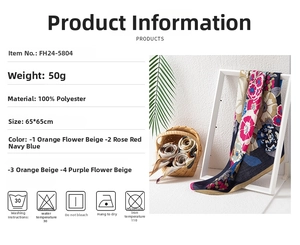Detail shot showing 65x65cm floral polyester scarf with product specifications and material info