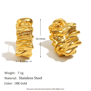 18K gold plated stainless steel hoop earrings with textured ripple design for women