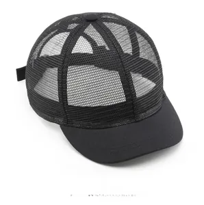 Top view of a black mesh baseball cap with breathable fabric and short brim detail