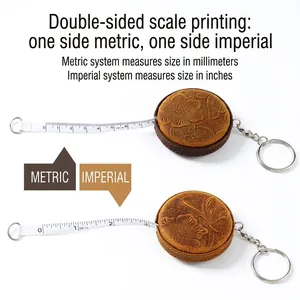 Handmade crazy horse leather mini tape measure with vintage floral embossed keychain case