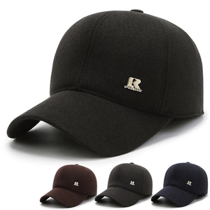 Men Winter Warm Woolen Baseball Cap Thickened Windproof Adjustable Outdoor Casual Dad Hat Metal Decor