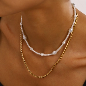Layered Necklace Stainless Steel Faux Artificial Baroque Pearl Gold Chain Waterproof Hypoallergenic Fashion Jewelry For Women