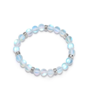 Natural aurora glass beaded bracelet with silver flower spacers on white background
