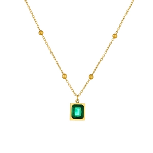 Gold plated stainless steel necklace with rectangular green gemstone and bead accents