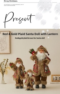 Three standing Santa Claus dolls in red plaid coats with fur trim for Christmas decor