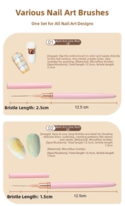 Detail of pink nail liner brushes with 1.5cm and 2.5cm ultra-fine fiber tips for nail art