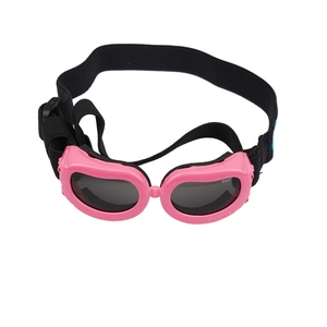 Pink UV-resistant pet goggles with adjustable black elastic strap for small dogs and cats