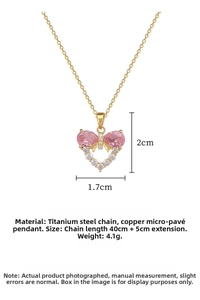 Bow heart pendant necklace with pink stones and zircons, 1.7cm width and 2cm height detail