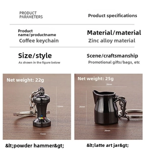 Zinc alloy 3D coffee keychain set featuring a tamper and milk pitcher with dark grey finish