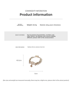 Detailed size chart for the rhinestone flower pearl necklace showing 40.6cm length