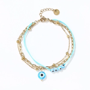 Gold stainless steel evil eye charm bracelet with blue cord and lobster clasp for women