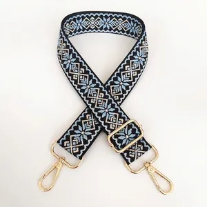 3.8cm canvas guitar strap with geometric snowflake pattern and gold metal hooks