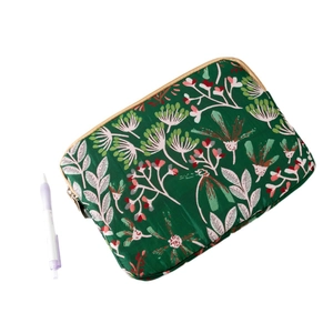Forest green floral embroidered laptop sleeve with quilted daisies for 15-inch notebooks
