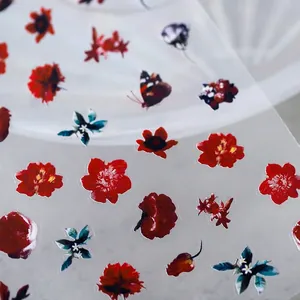 Stickers ongles 5D avec motifs floraux rouges et papillon sur film transparent adhésif